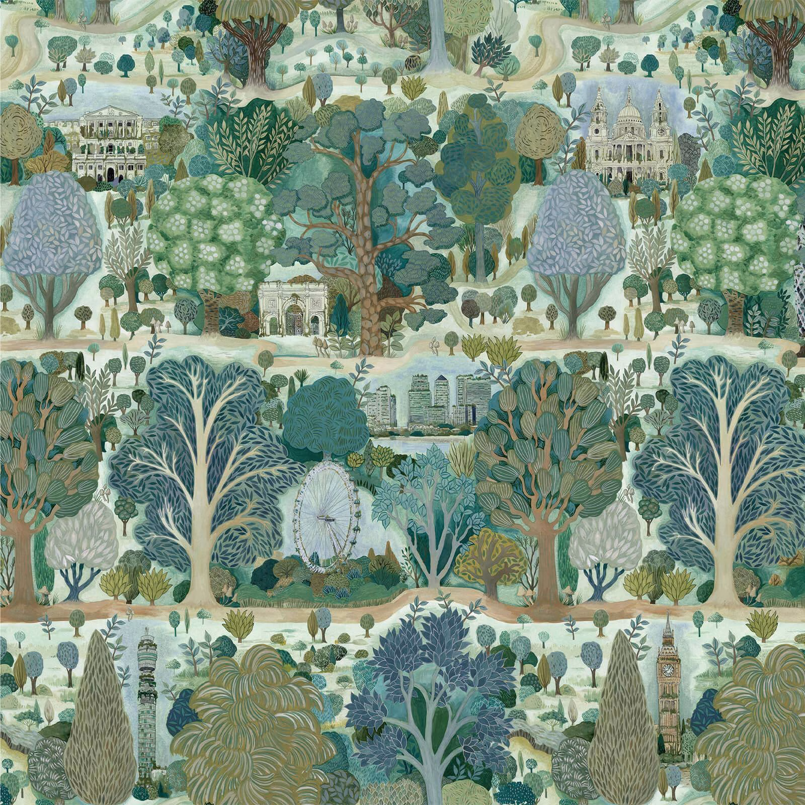 Spring UTOPIA wallpaper showing a layered sage, teal and cream garden landscape