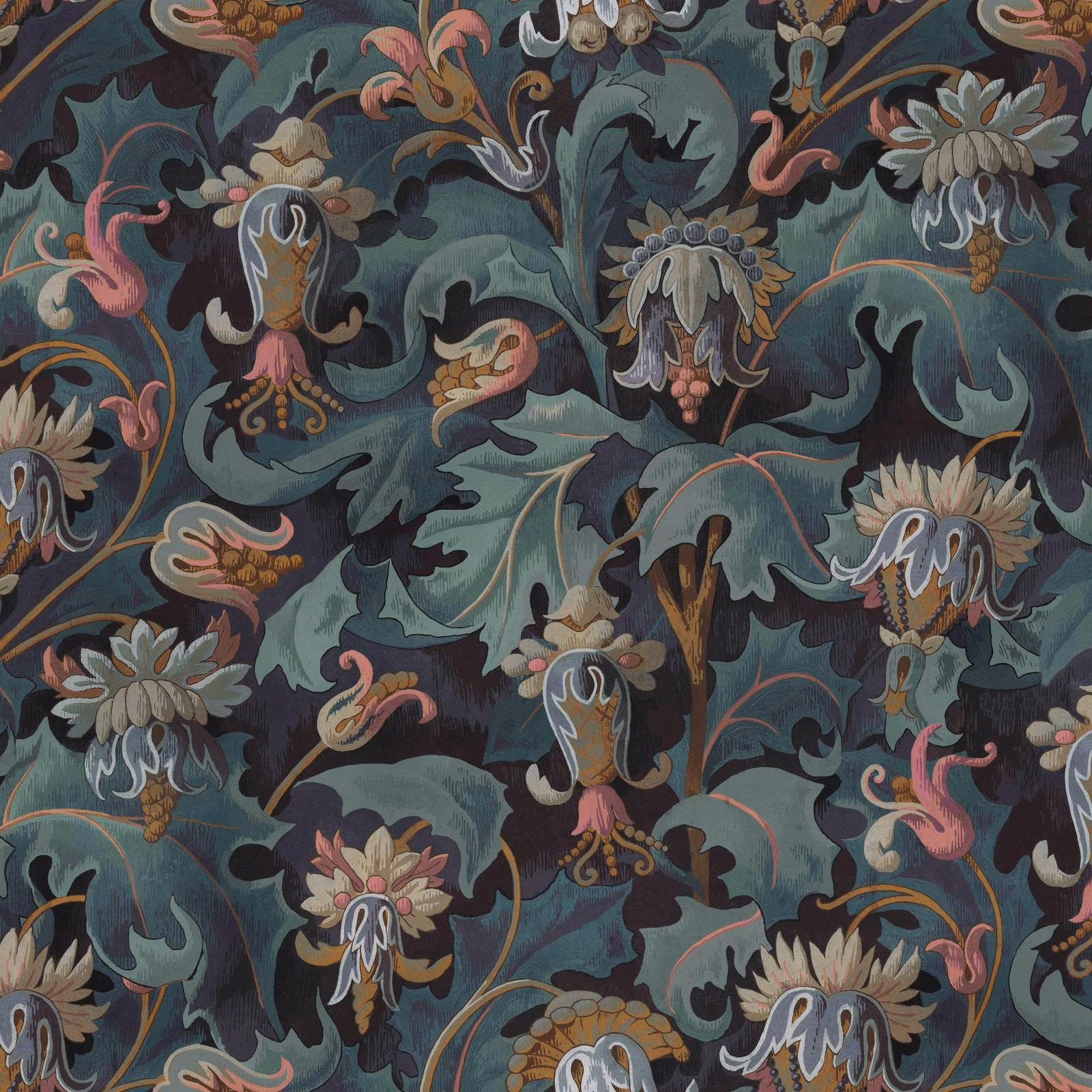 Dark apatite wallpaper with teal leaves, pink birds and pale exotic flowers