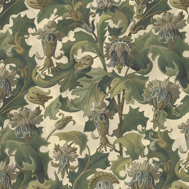 Ecru wallpaper with dense muted olive foliage and blue-grey botanical flowerheads