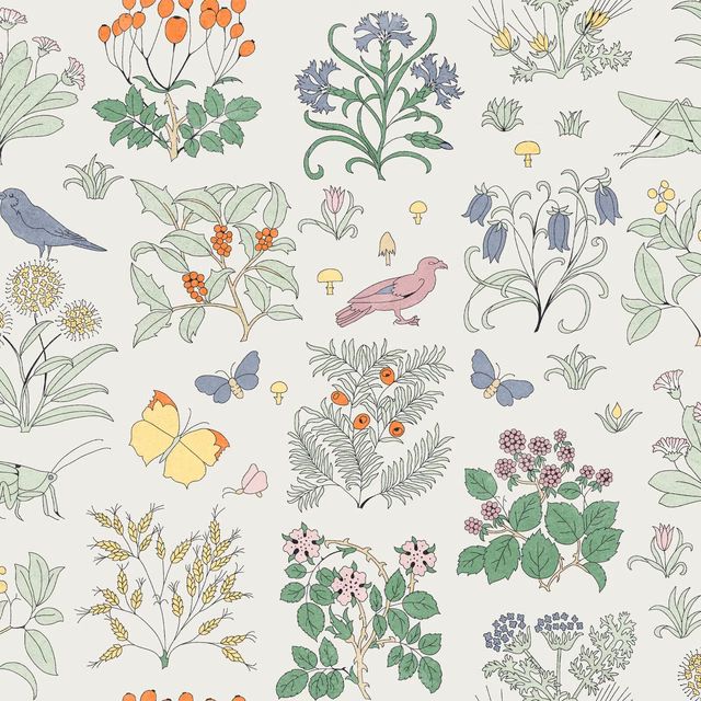 Off-white botanical wallpaper with sage leaves, blue flowers and orange berries