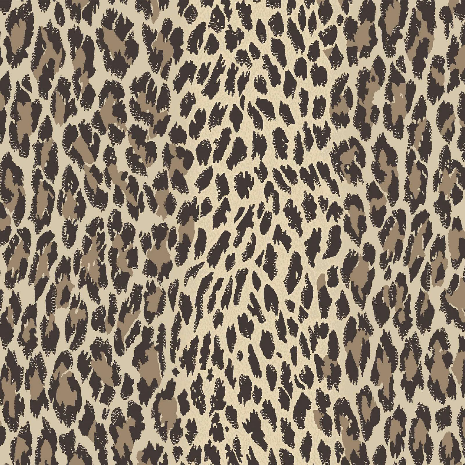 Warm butterscotch wallpaper with dense dark brown leopard spots in an irregular repeat