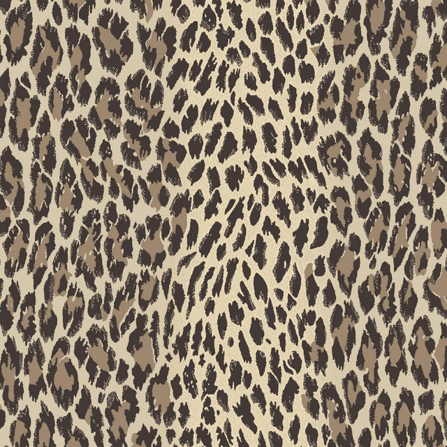 Warm butterscotch wallpaper with dense dark brown leopard spots in an irregular repeat