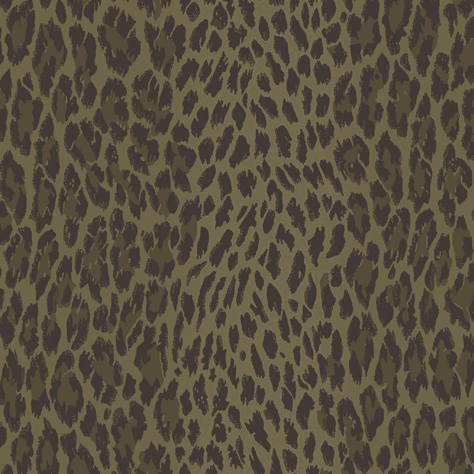 Muted olive wallpaper with dense irregular dark brown leopard-like markings