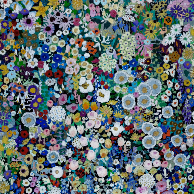 Dense Meadow wallpaper with jewel-toned flowers on a dark teal ground