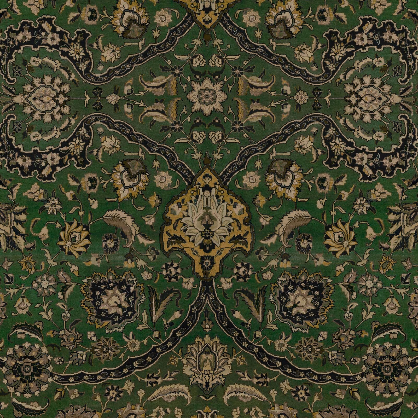 Symmetrical botanical wallpaper in deep juniper green with cream, olive and ochre florals
