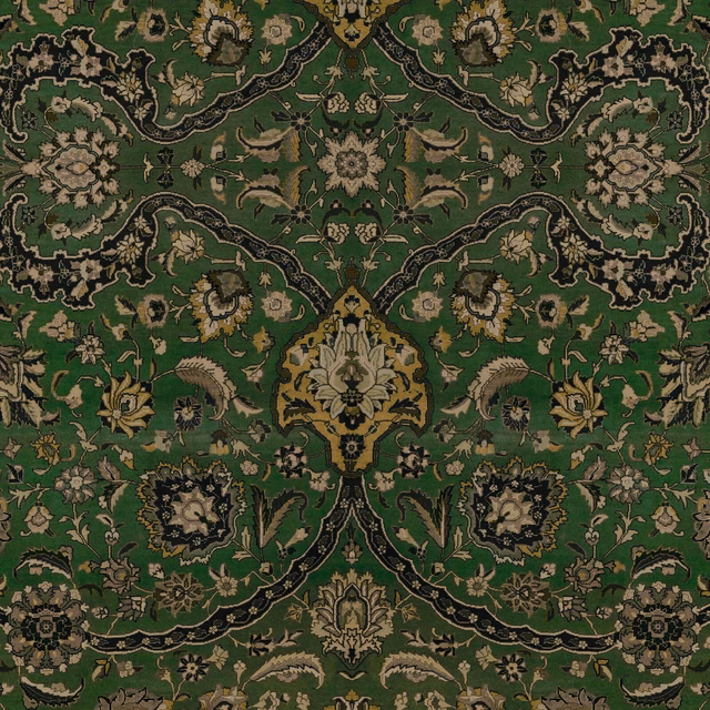 Symmetrical botanical wallpaper in deep juniper green with cream, olive and ochre florals