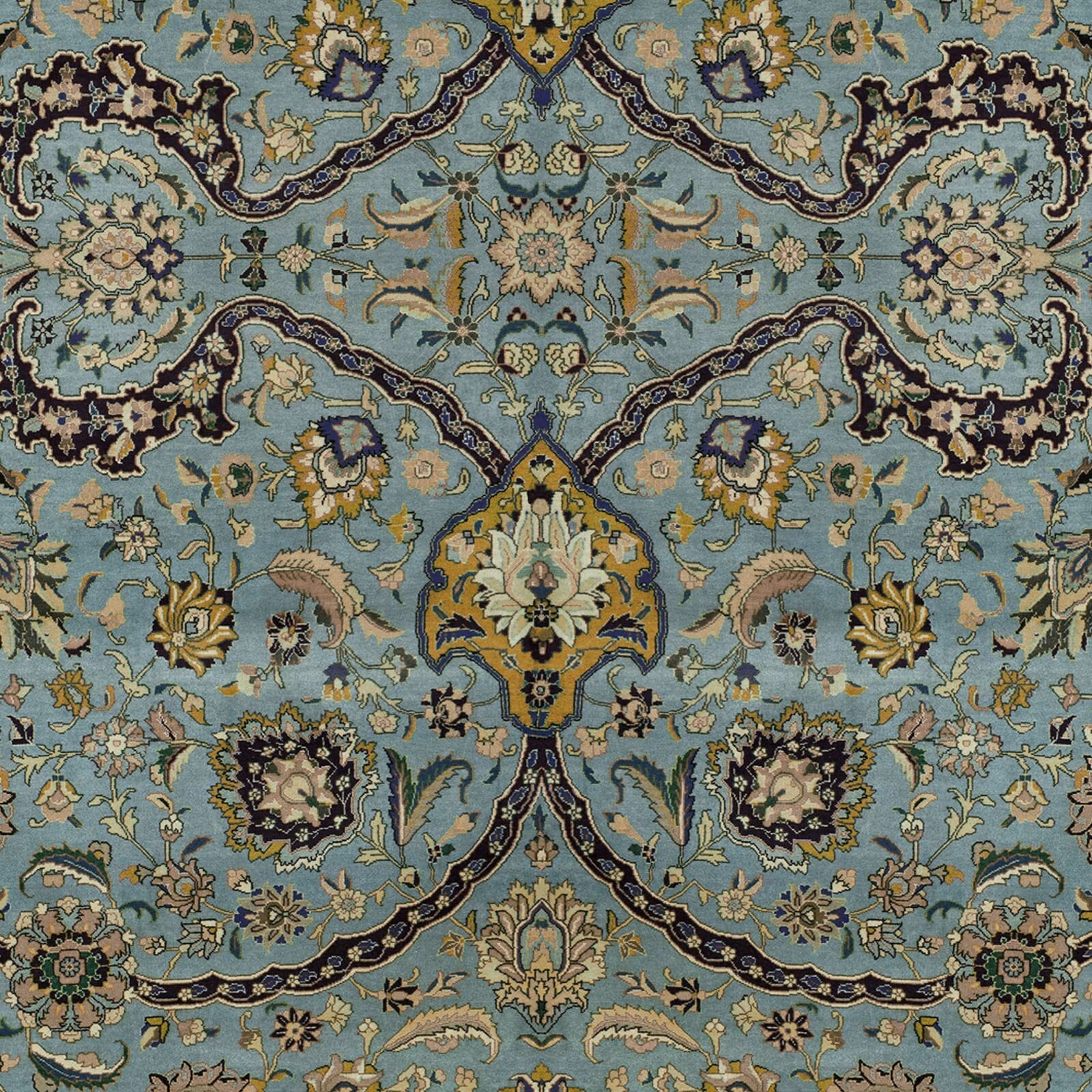 Blue-grey Sapphire wallpaper with symmetrical floral medallions, teal scrolls and ochre botanical accents