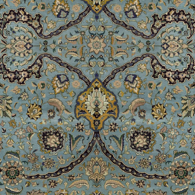 Blue-grey Sapphire wallpaper with symmetrical floral medallions, teal scrolls and ochre botanical accents
