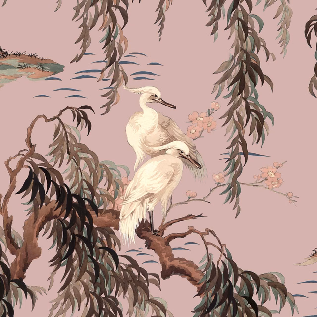 Dusty blush wallpaper with two pale birds, drooping willow branches and pink blossoms