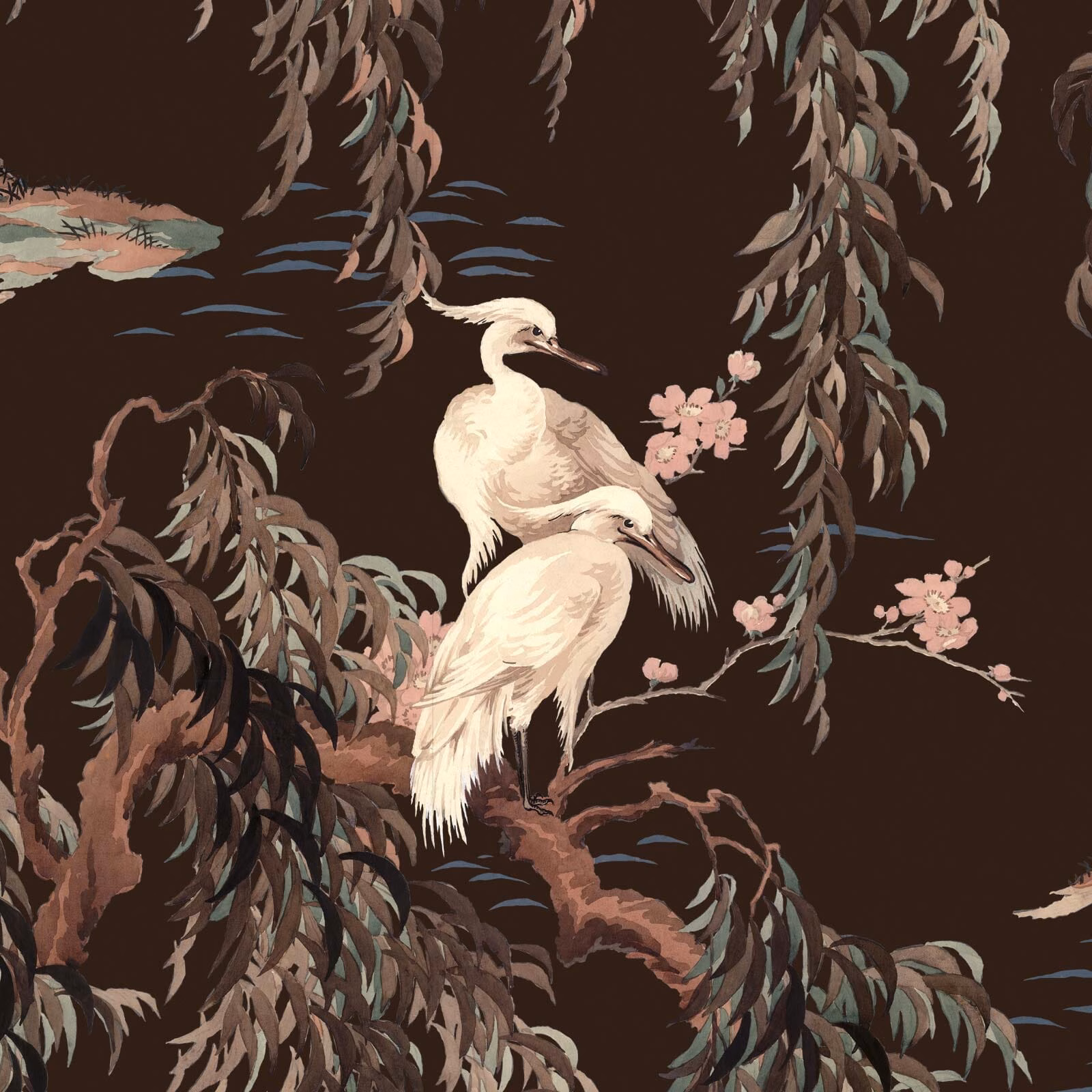 Carob wallpaper showing pale cranes, pink blossom and cascading foliage on chocolate brown