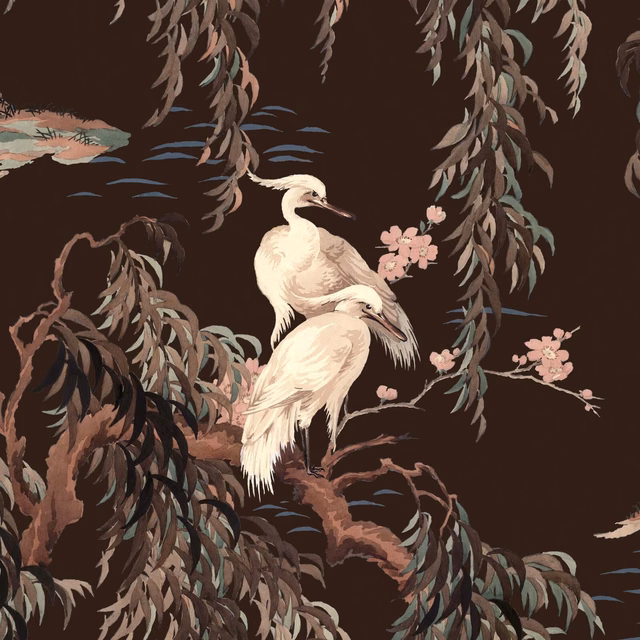 Carob wallpaper showing pale cranes, pink blossom and cascading foliage on chocolate brown