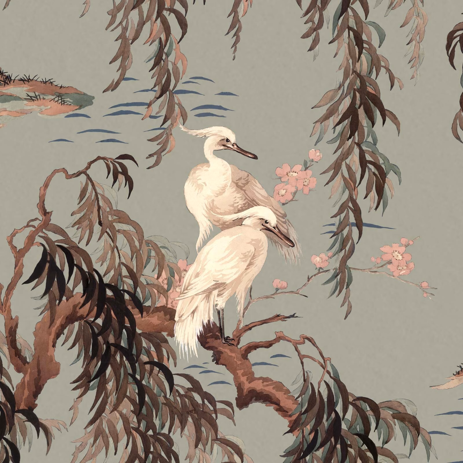 Muted eau de nil wallpaper with pale cranes, willow fronds and pink blossom