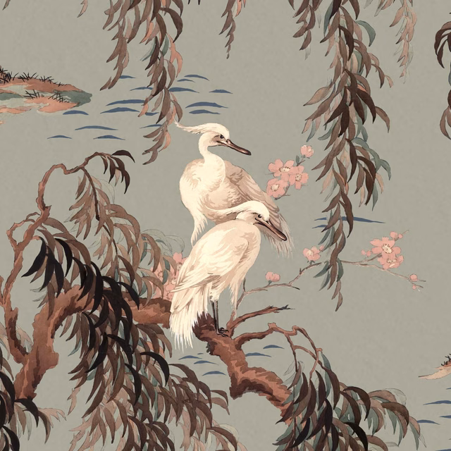 Muted eau de nil wallpaper with pale cranes, willow fronds and pink blossom