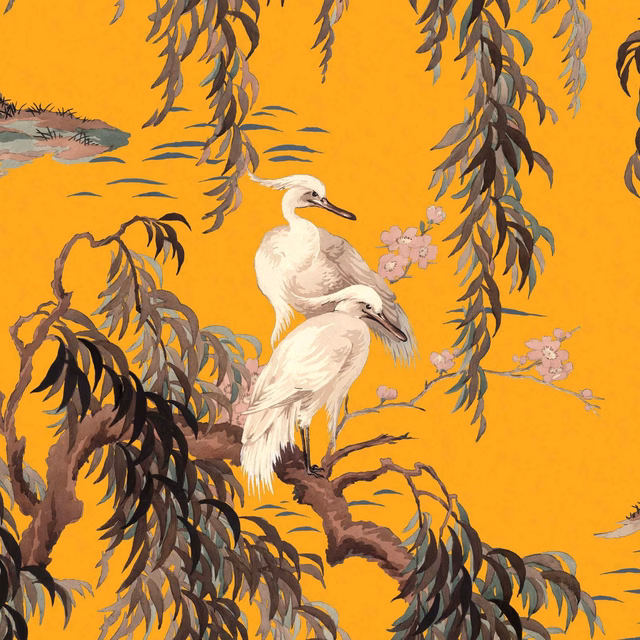 Ochre wallpaper showing a white heron among drooping leaves and pink blossom