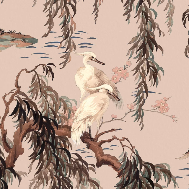 Muted plaster-pink wallpaper with two pale herons, willow leaves and pink blossom