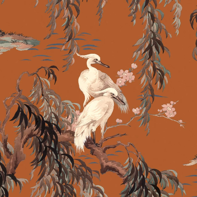 Burnt tobacco wallpaper with pale long-necked birds, drooping foliage and pink blossom branches.
