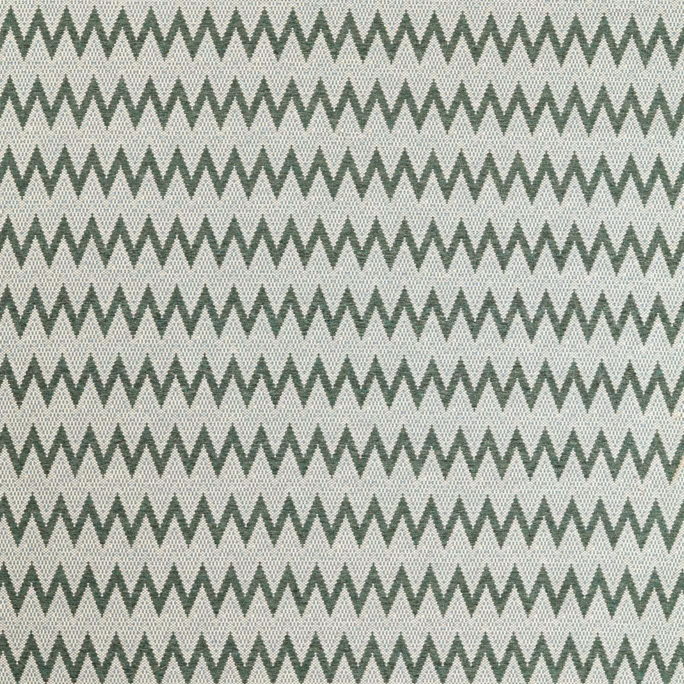 Pine green zigzag chevrons woven across a pale azul blue-grey fabric