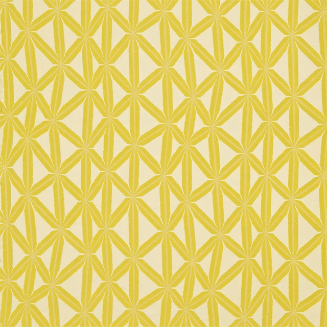 Lemon yellow geometric star motifs woven across a soft cream fabric ground