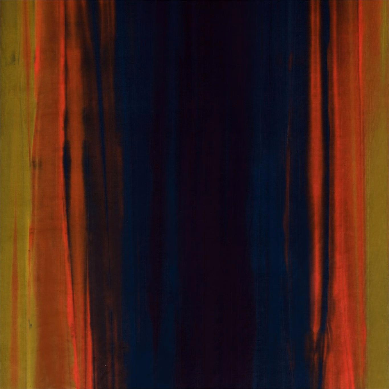 Painterly mustard, papaya and indigo vertical velvet stripes with a dark central field