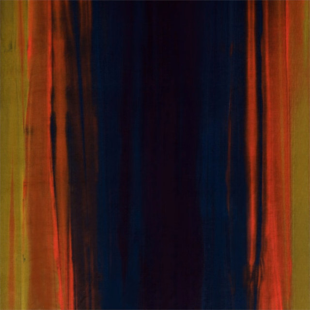 Painterly mustard, papaya and indigo vertical velvet stripes with a dark central field