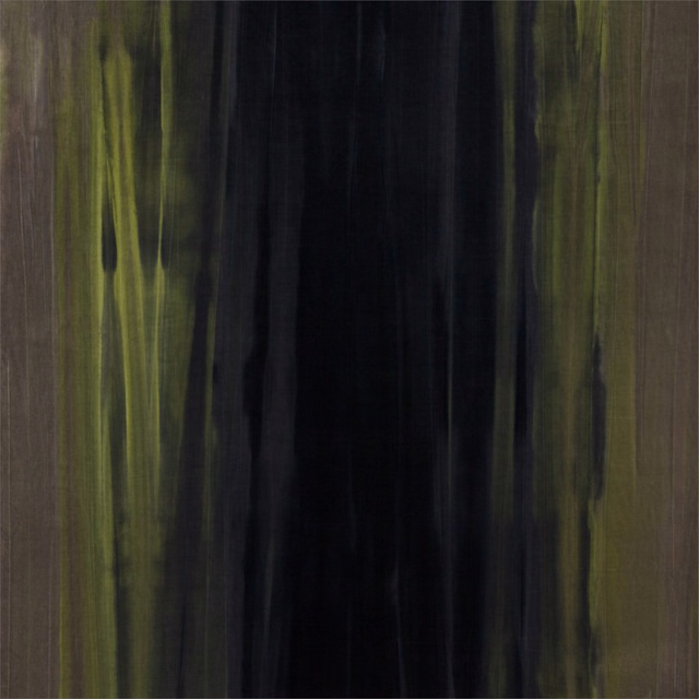Velvet swatch with olive mustard streaks over elephant charcoal and stone vertical bands