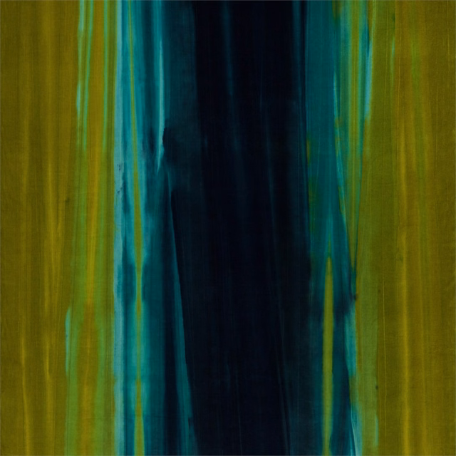 Olive velvet with turquoise vertical striations framing a deep indigo centre