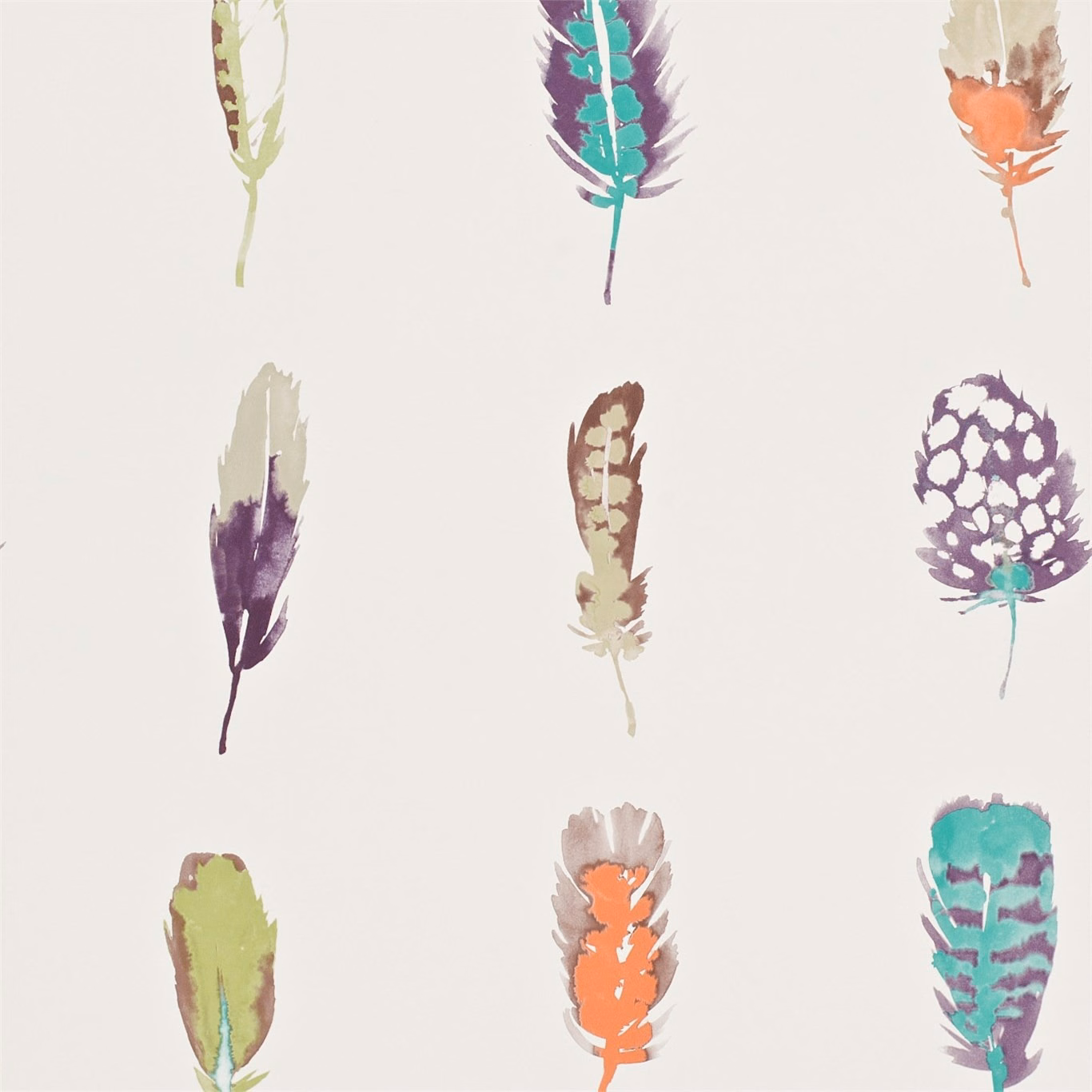 Painterly purple, orange and turquoise feather motifs on an ivory wallpaper ground