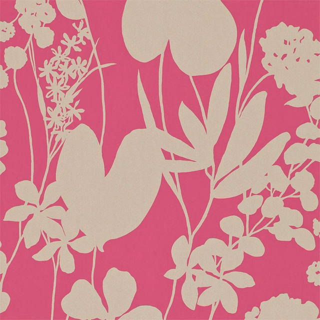 Flamingo-pink wallpaper with oversized stone botanical flowers, leaves and fine stems