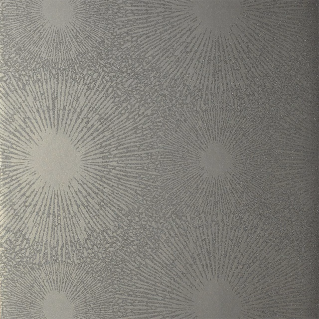Mottled grey raffia wallpaper with pale radiating sunburst motifs