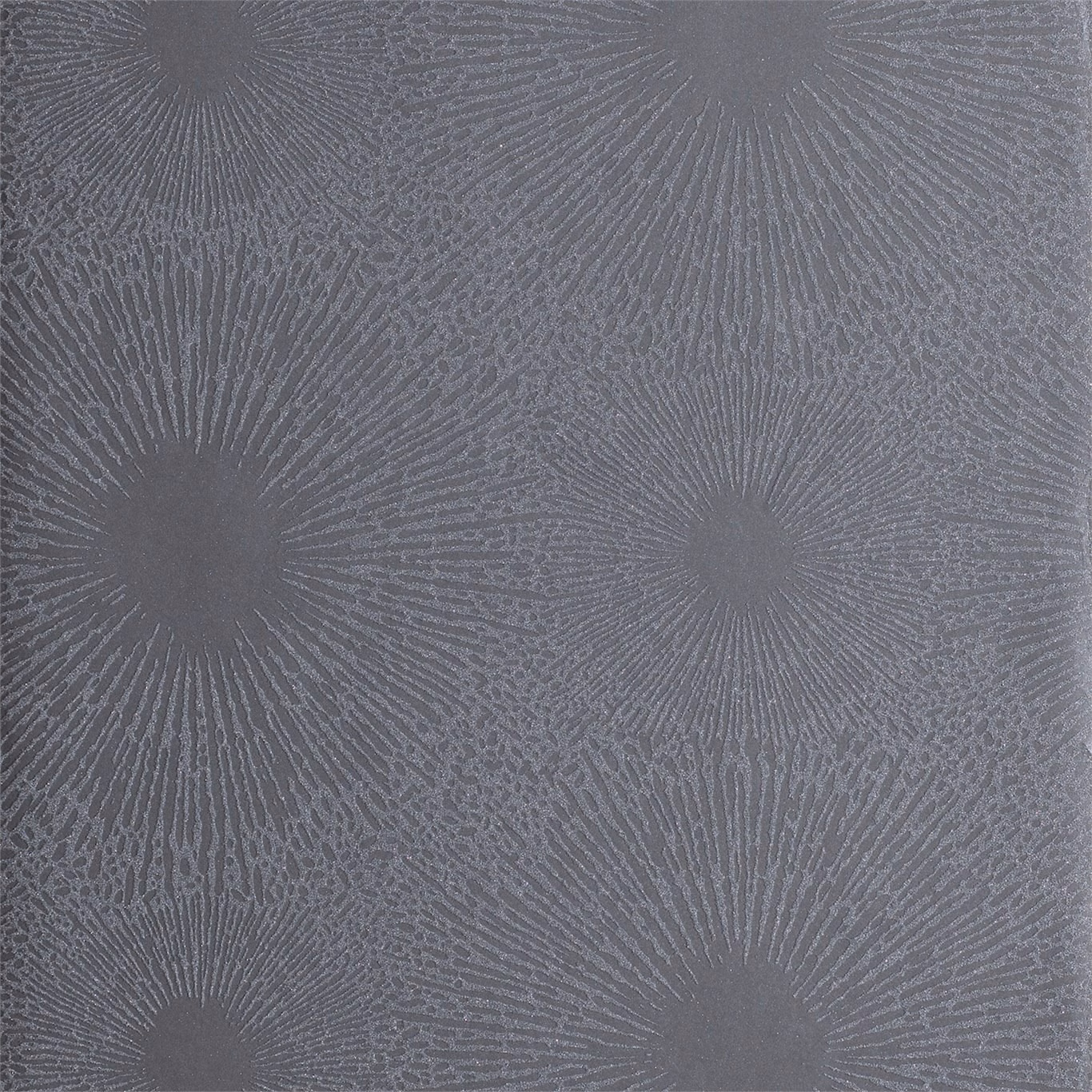 Steel grey wallpaper with tonal radial sunburst motifs and fine textured lines