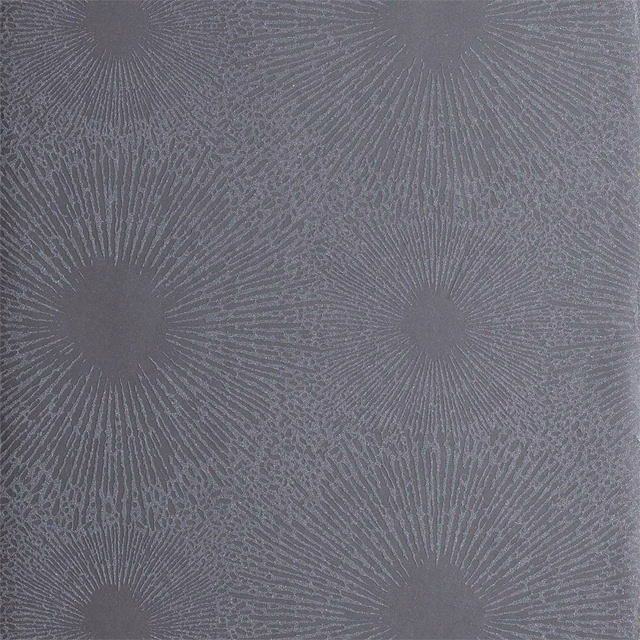 Steel grey wallpaper with tonal radial sunburst motifs and fine textured lines