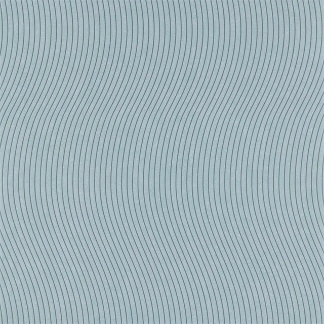 Pale blue-grey wallpaper with fine, gently wavering charcoal vertical lines