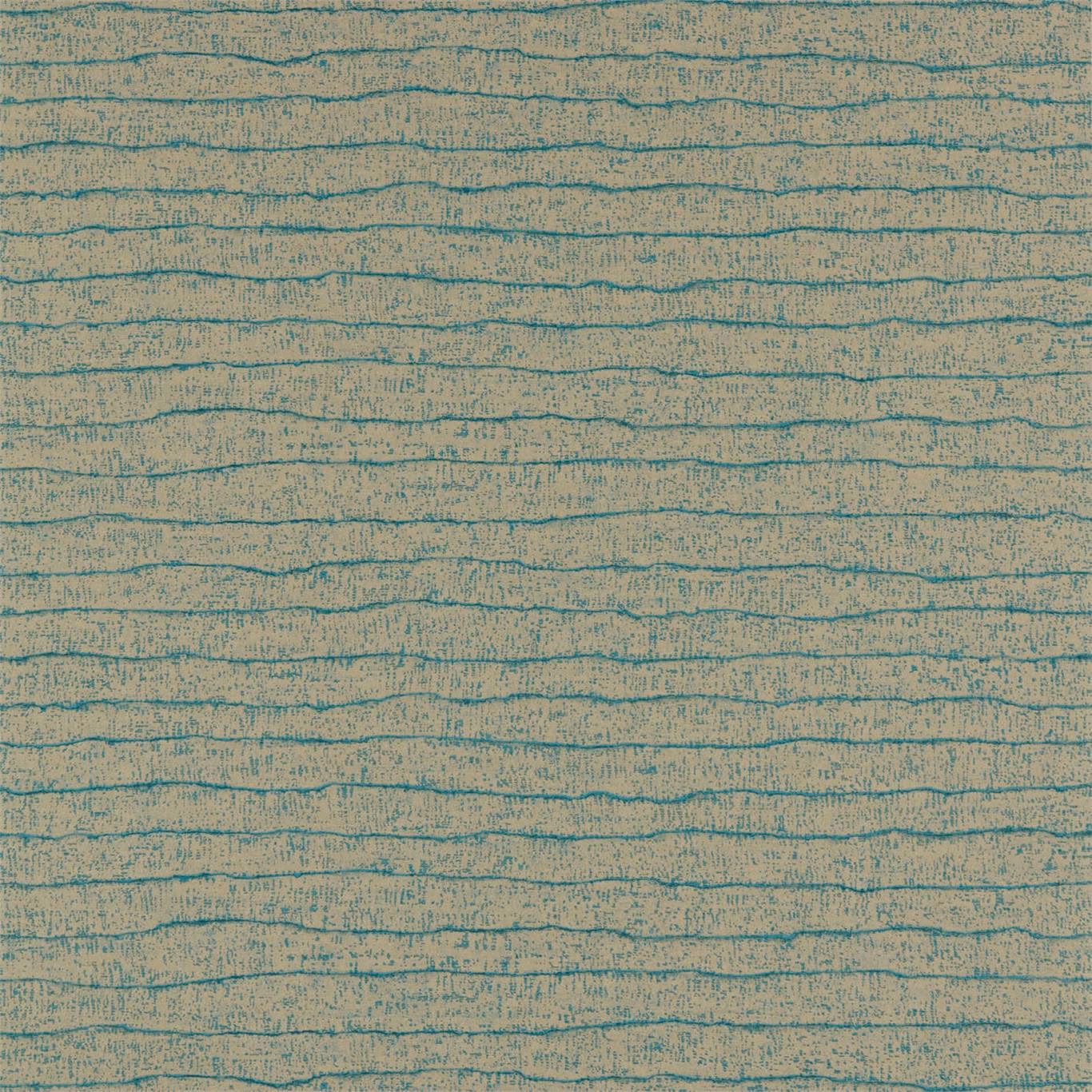 Sand beige wallpaper with irregular teal horizontal lines and mottled texture