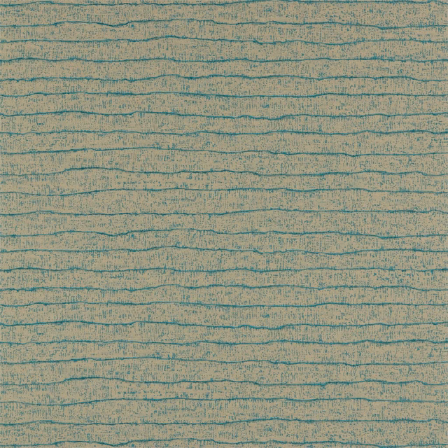 Sand beige wallpaper with irregular teal horizontal lines and mottled texture