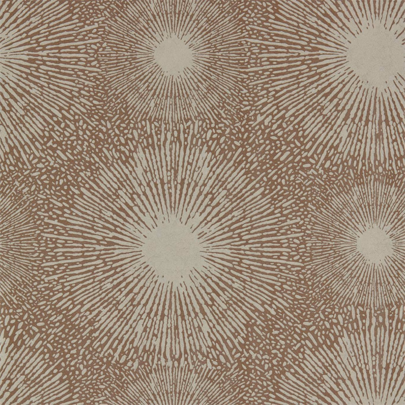 Taupe wallpaper with cream sunburst centres and fine bronze radial lines