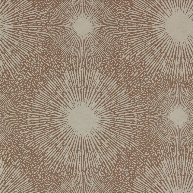 Taupe wallpaper with cream sunburst centres and fine bronze radial lines