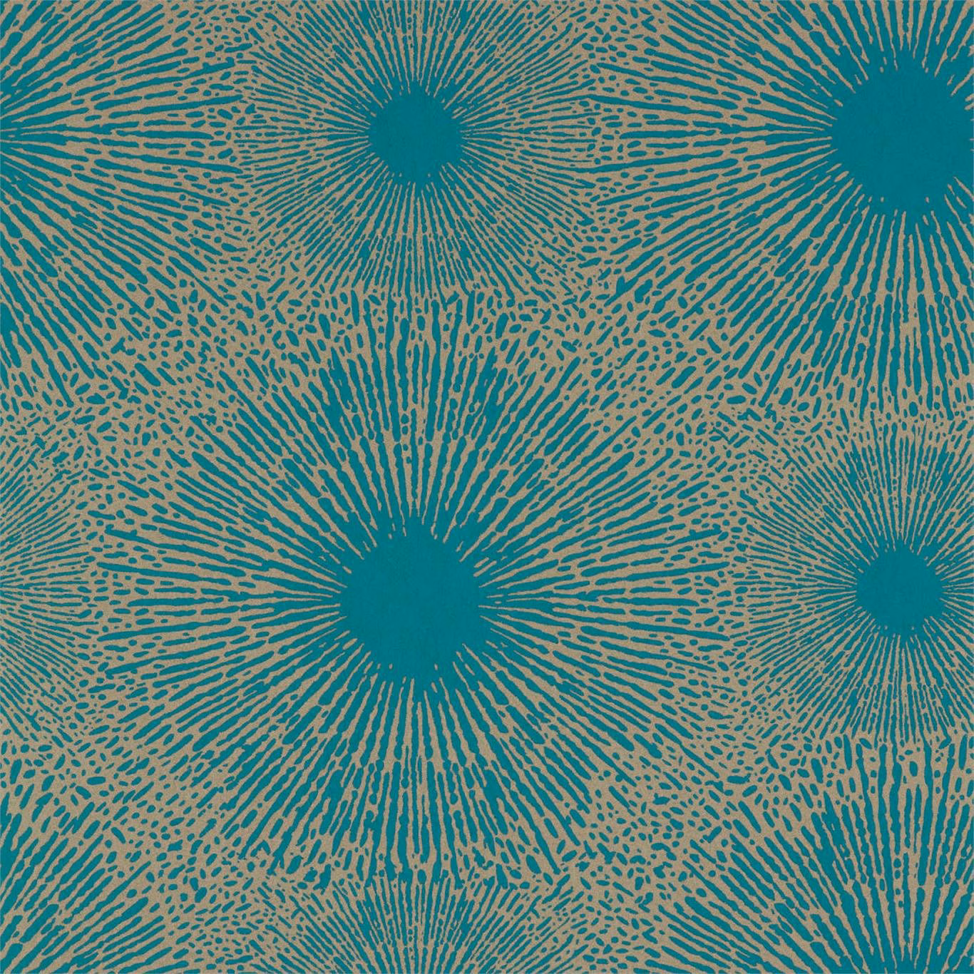 Teal radial bursts across a warm gold, irregularly stippled wallpaper ground