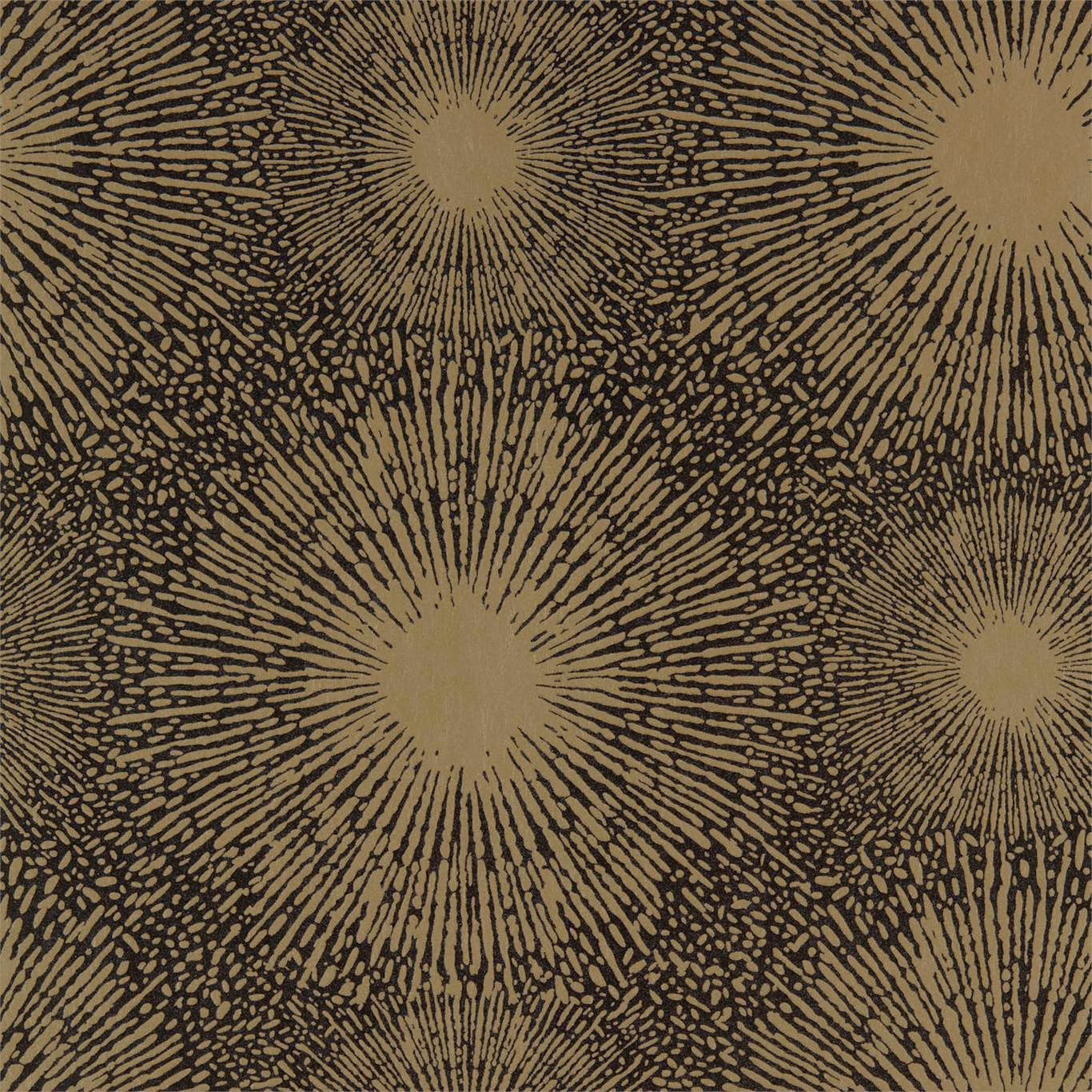 Gold radial bursts and fine iridescent dashes on a coal ground