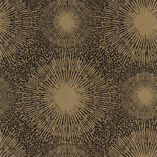 Gold radial bursts and fine iridescent dashes on a coal ground