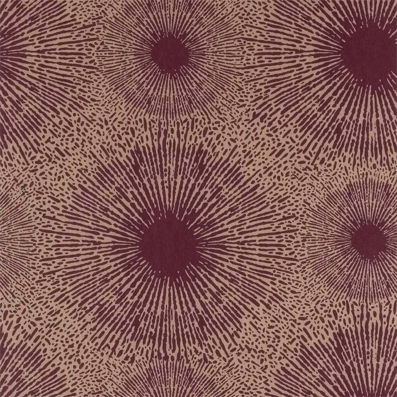 Ruby-burgundy radial bursts over an antique brass stippled wallpaper ground