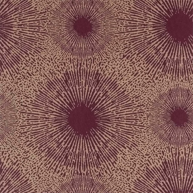 Ruby-burgundy radial bursts over an antique brass stippled wallpaper ground