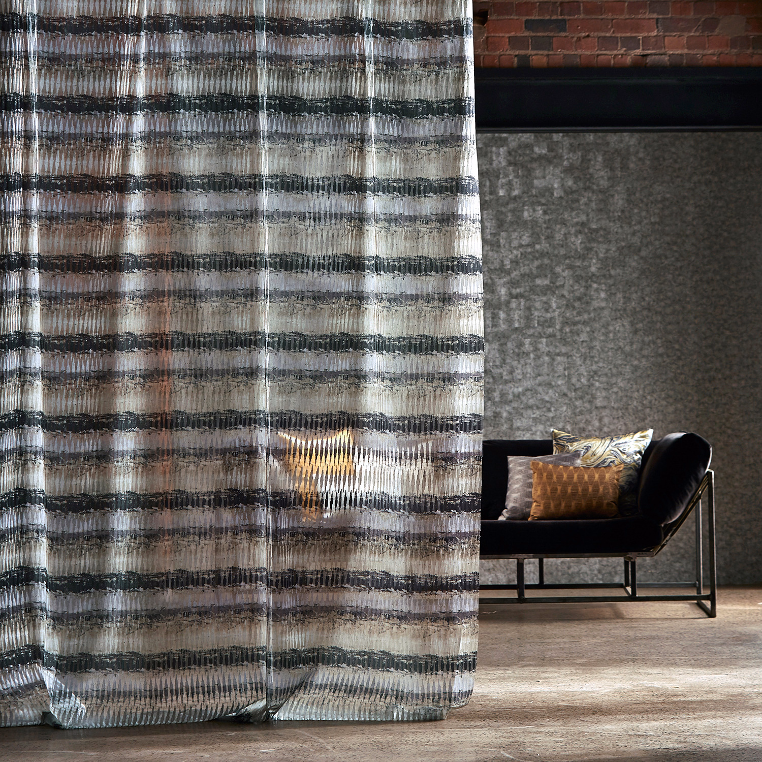 Translucent parchment and charcoal striped weave with fine vertical texture