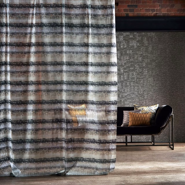 Translucent parchment and charcoal striped weave with fine vertical texture