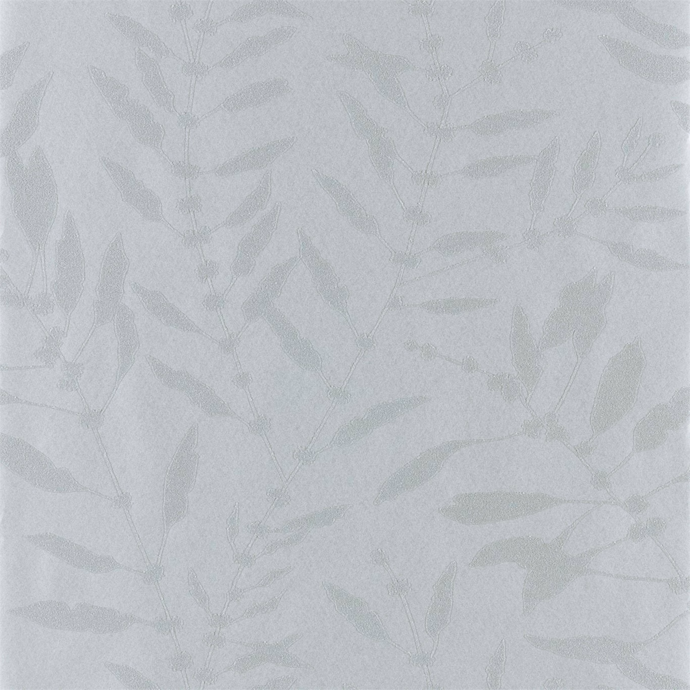 Pale slate grey wallpaper with subtle leafy branches and a soft shimmering finish