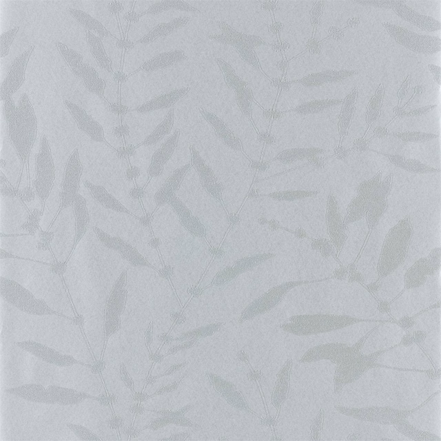 Pale slate grey wallpaper with subtle leafy branches and a soft shimmering finish