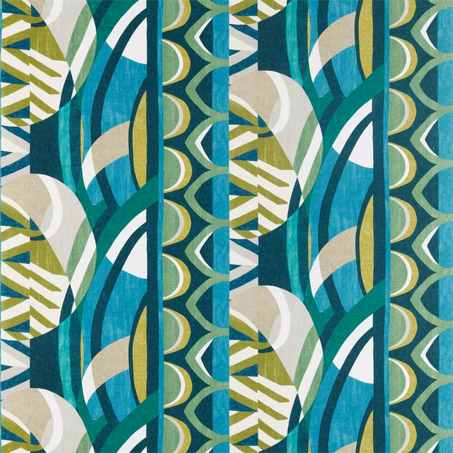 Emerald and teal geometric botanical fabric with cream arcs and olive accents