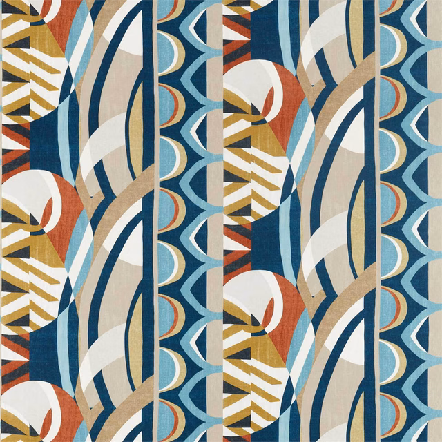 Ink blue geometric fabric with sky-blue curves, stone arcs, cream, rust and mustard details