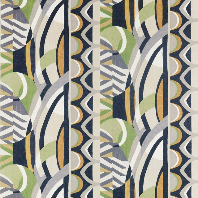 Geometric fabric with charcoal curves, saffron bands and wasabi green shapes