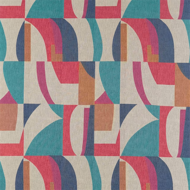 Teal, indigo, fuchsia and mandarin geometric arches on a textured ivory ground
