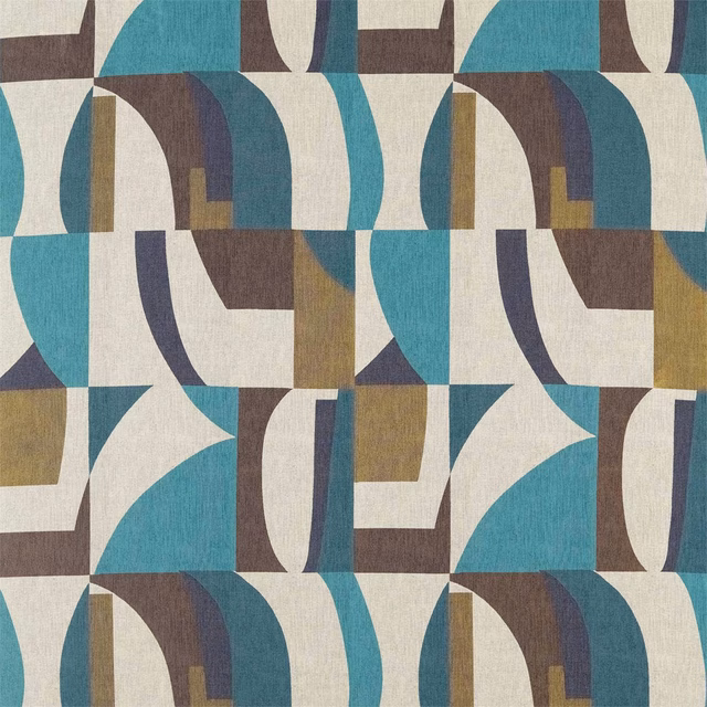 Teal, cream, ink and ochre geometric arches and blocks in textured weave